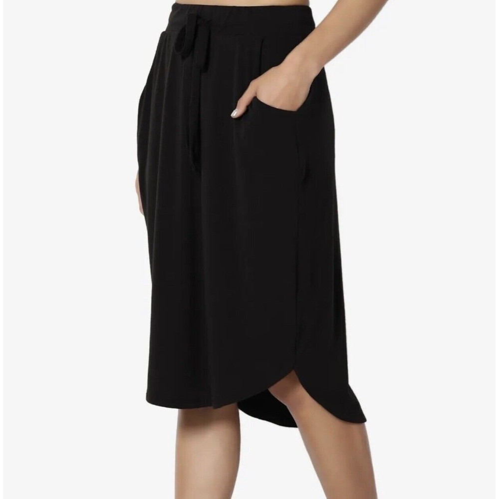 Women Drawstring Elastic Waist Dolphin Hem Stretch Jersey Midi Skirt Black L/XL - Picture 3 of 11